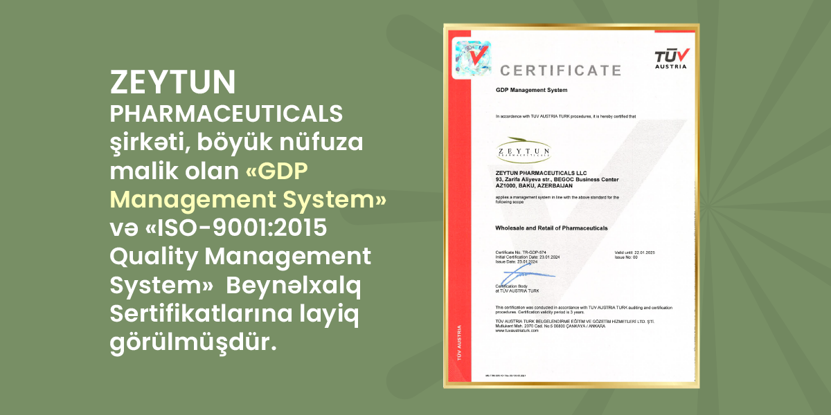 Zeytun Pharmaceuticals awarded with highly ranked international certificate 